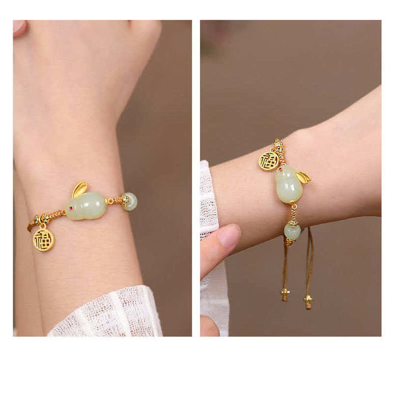 Bracelet en fil de jade Hetian Année du lapin Buddha Stones Bonheur Bénédiction Richesse