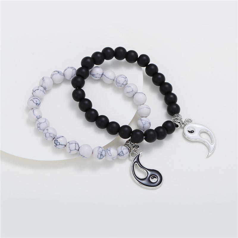 Bracelet couple Yin Yang en perles de turquoise blanche et onyx noir naturel 2 pièces Buddha Stones - image 4