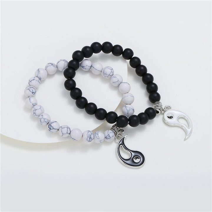 Bracelet couple Yin Yang en perles de turquoise blanche et onyx noir naturel 2 pièces Buddha Stones - image 4