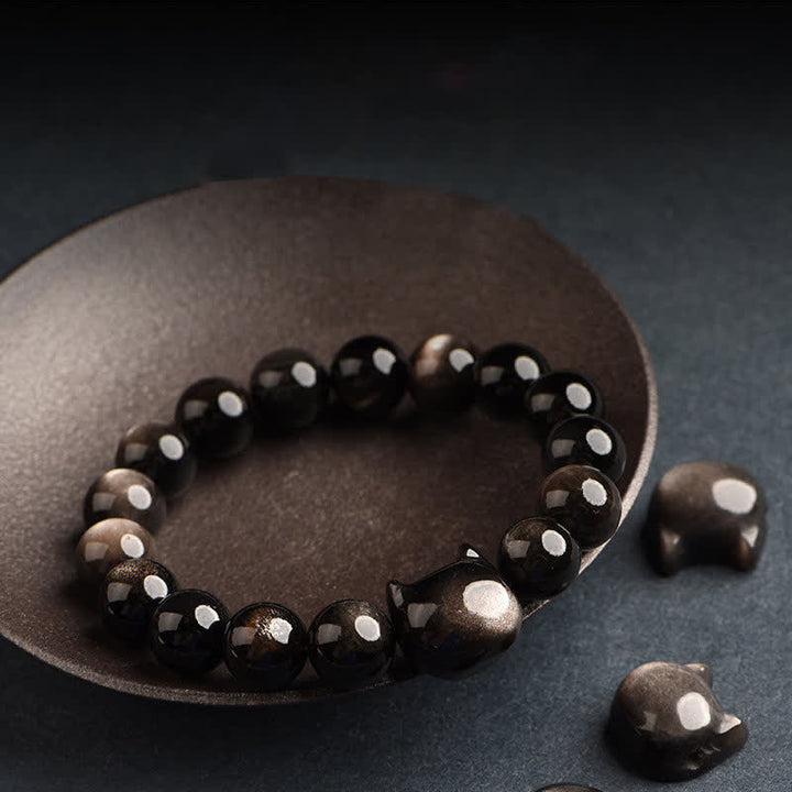 Bracelet de protection porte-bonheur en obsidienne dorée et argentée avec Buddha Stones et jolie patte de chat porte-bonheur - image 27