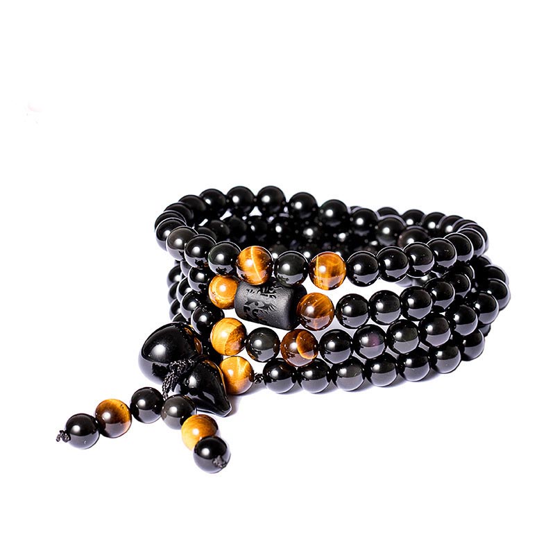 Bracelet Mala en obsidienne noire naturelle avec Buddha Stones et gourde arc-en-ciel