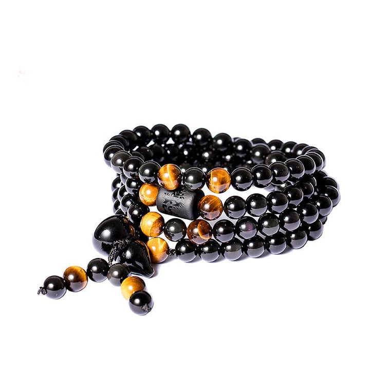 Bracelet Mala en obsidienne noire naturelle avec Buddha Stones et gourde arc-en-ciel