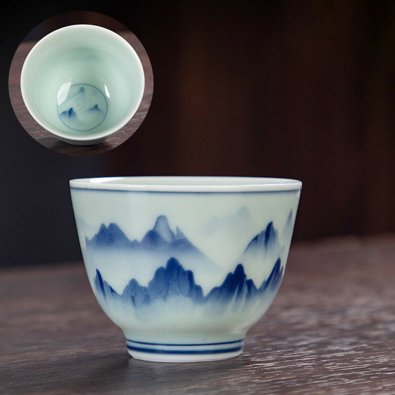 Buddha Stones Paysage bleu Montagnes Lotus Chat mignon Pavillons Magnolia Roseaux Aigrettes Tasse à thé en céramique Petite tasse à thé Kung Fu