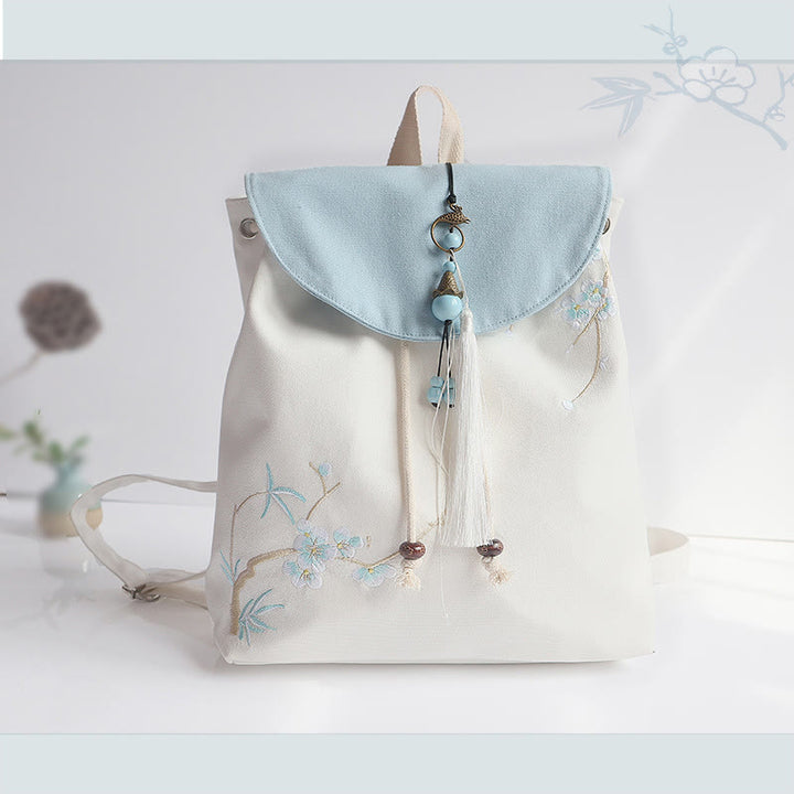 Sac à dos en toile de grande capacité brodé à la main avec Buddha Stones - Bambou aux fleurs de prunier - image 41