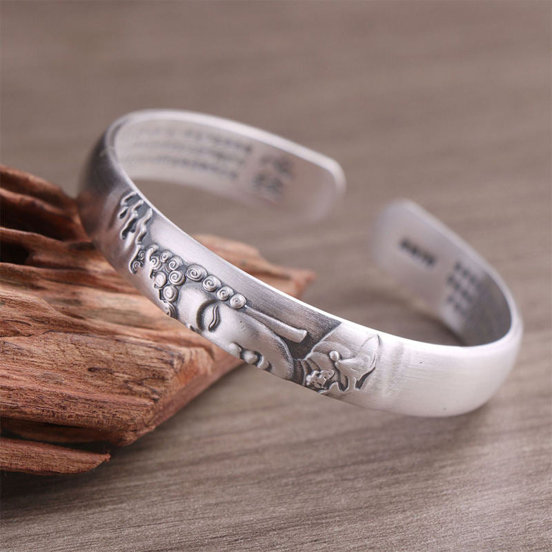 Bracelet Buddha Stones en argent sterling 999 avec tête de Bouddha et cœur Sutra de la sérénité - Symbole du Bouddha (Compassion ♥ Sérénité) - image 0