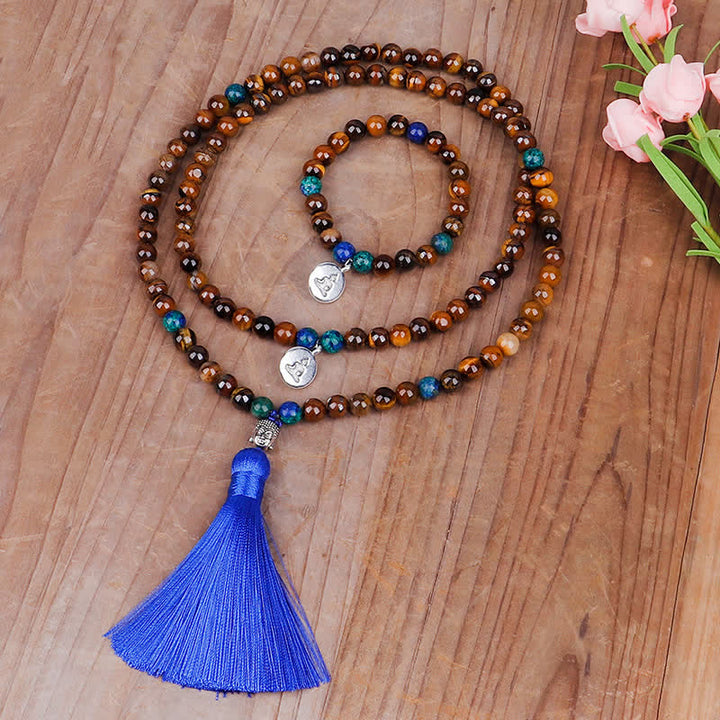 Bracelet Mala 108 Buddha Stones avec œil de tigre et pendentif en forme de pompon