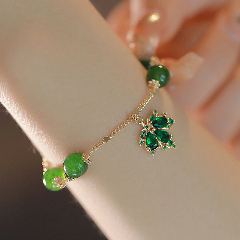 Bracelet en calcédoine verte plaqué or 14 carats avec feuille d'érable et courage de Buddha Stones
