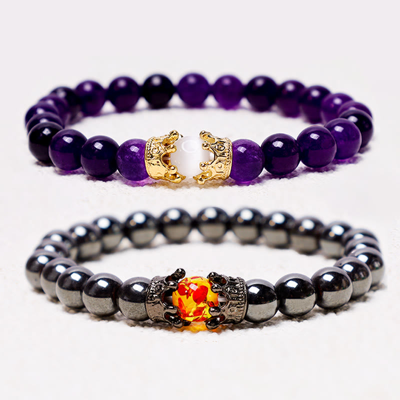 Bracelet couple en perles d'énergie de guérison avec couronne roi et reine en Buddha Stones