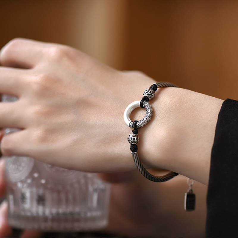 Bracelet de fortune en argent sterling 999 avec boucle de paix et personnage Fu en pièces de cuivre et pierres de Buddha Stones