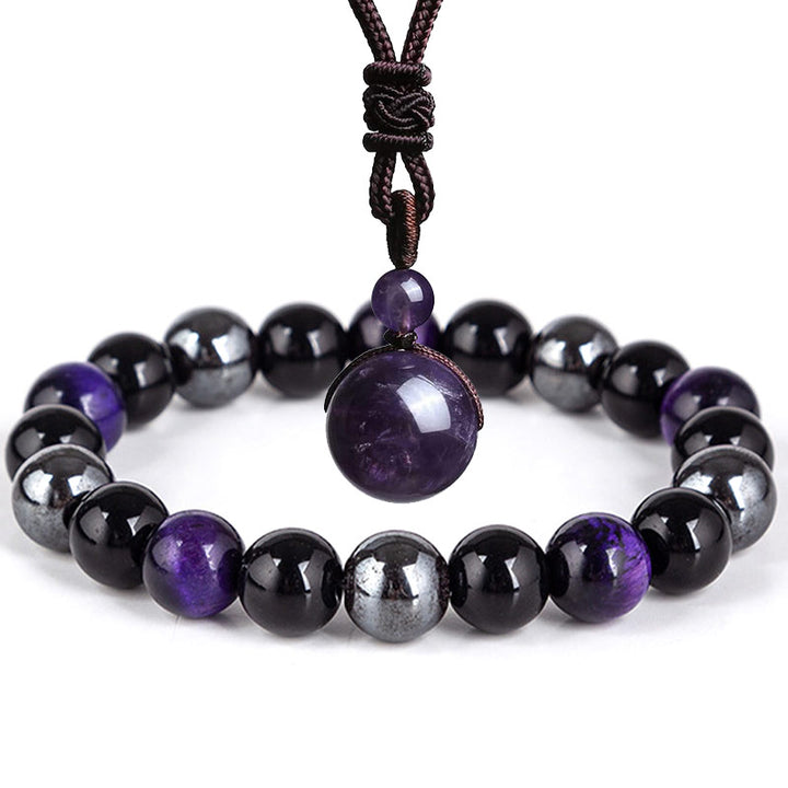 Ensemble collier et bracelet en œil de tigre tibétain Buddha Stones