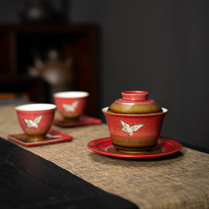 Tasse à thé et soucoupe en céramique Gaiwan Sancai avec couvercle et Buddha Stones rouge de bon augure