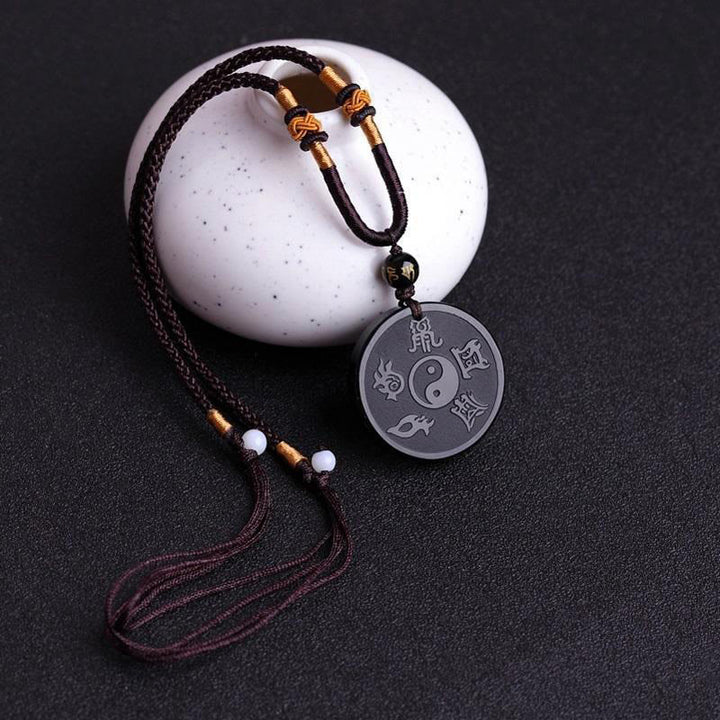 Buddha Stones Obsidienne Noire Naturelle Taoïsme Cinq Montagnes Sacrées Mantra à Neuf Caractères Sculpté Force Yin Yang Collier Pendentif Porte-clés - image 3
