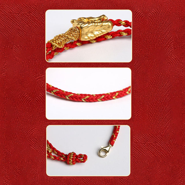 Bracelet tressé en fil rouge à huit fils en argent sterling 999 de Buddha Stones, fabriqué à la main, avec dragon porte-bonheur