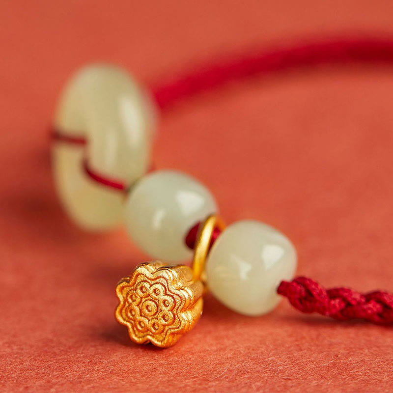 Bracelet en corde avec boucle ronde en Buddha Stones et lotus de jade pour la paix, le bonheur, l'abondance et la richesse