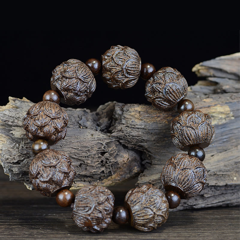 Bracelet d'équilibre gravé en bois d'ébène avec Buddha Stones et dragon de lotus des dix-huit arhats