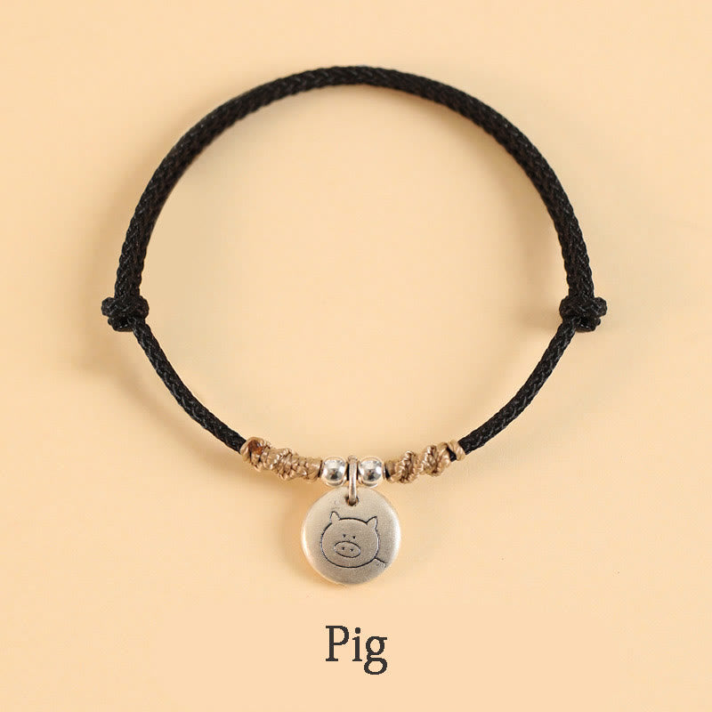 Bracelet tressé en argent sterling 999 fait main avec Buddha Stones Année du Dragon, joli signe du zodiaque chinois - Corde noire - Cochon (tour de poignet 14-17 cm) - image 35