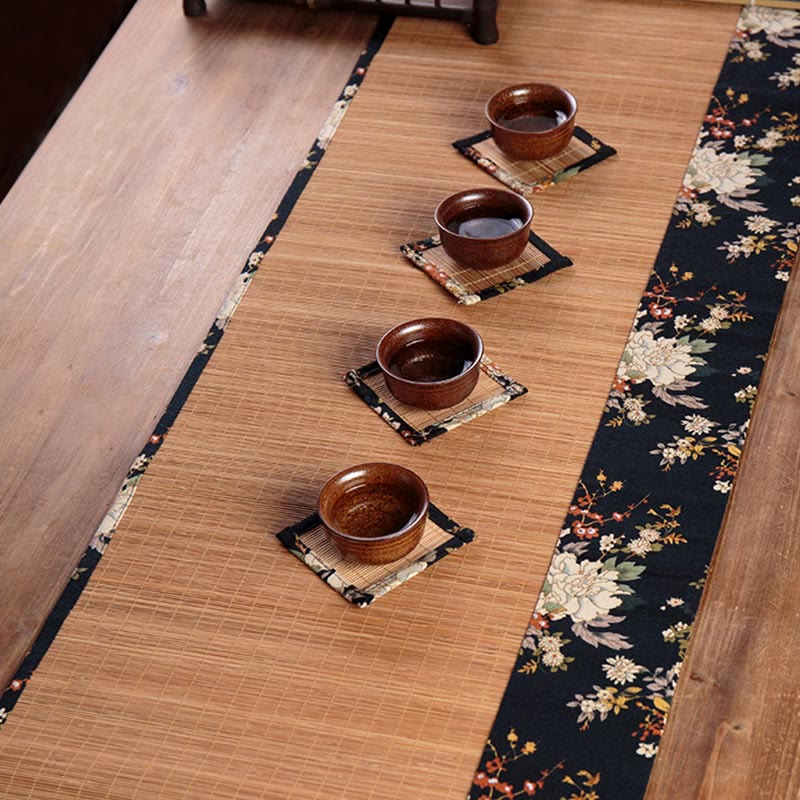 Dessous de verre en bambou avec motif de pivoine vintage et Buddha Stones