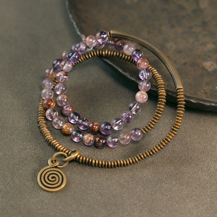 Bracelet en cuivre Love Forgive Buddha Stones quartz hématoïde rouge fantôme violet et quartz rutile vert
