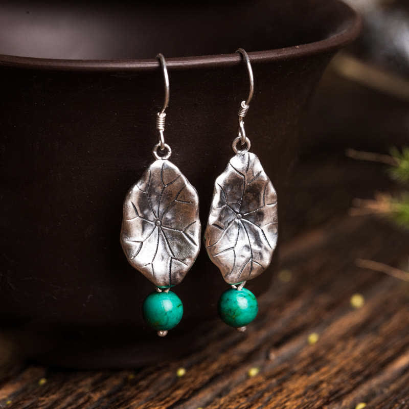 Buddha Stones Boucles d'oreilles pendantes en argent Sterling 925 Turquoise Feuille de Lotus Protection - Turquoise et argent sterling 925 - image 0