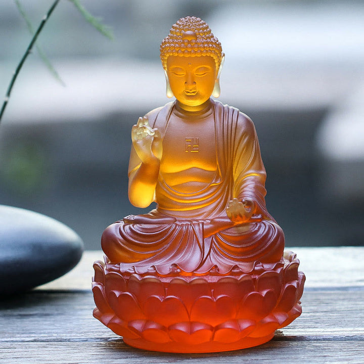 Buddha Stones faites à la main Sakyamuni Bouddha Liuli Pièce d'art en cristal Statue de compassion Décoration d'offrande de bureau à domicile