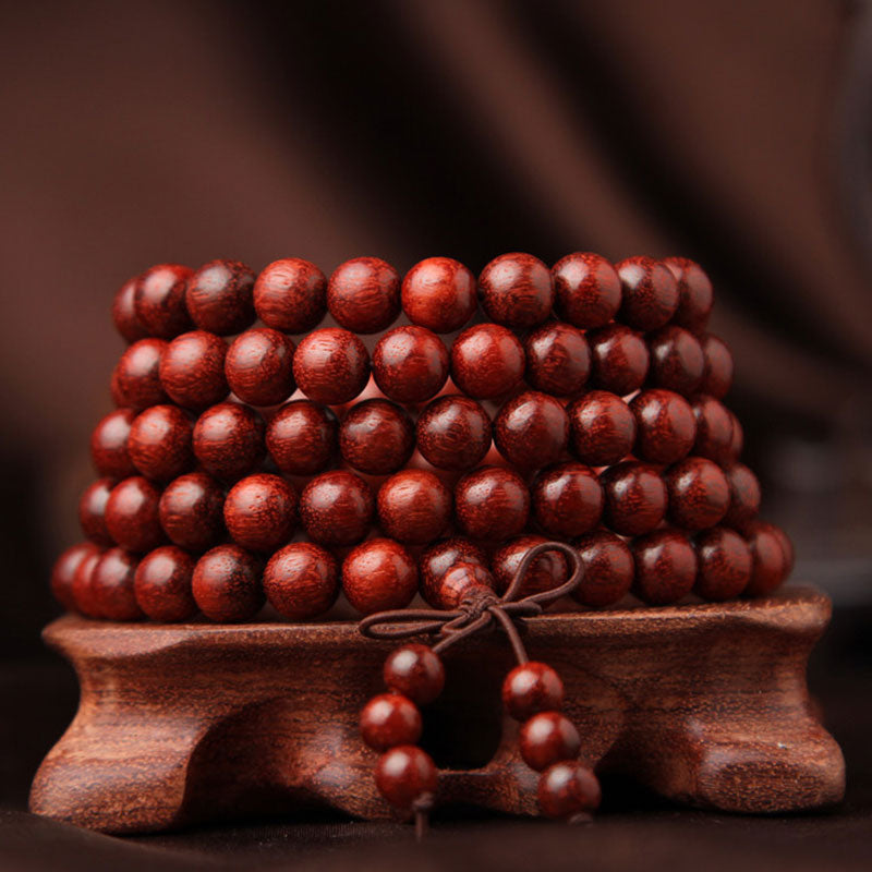 Bracelet de méditation Buddha Stones à petites feuilles en bois de santal rouge avec 108 perles