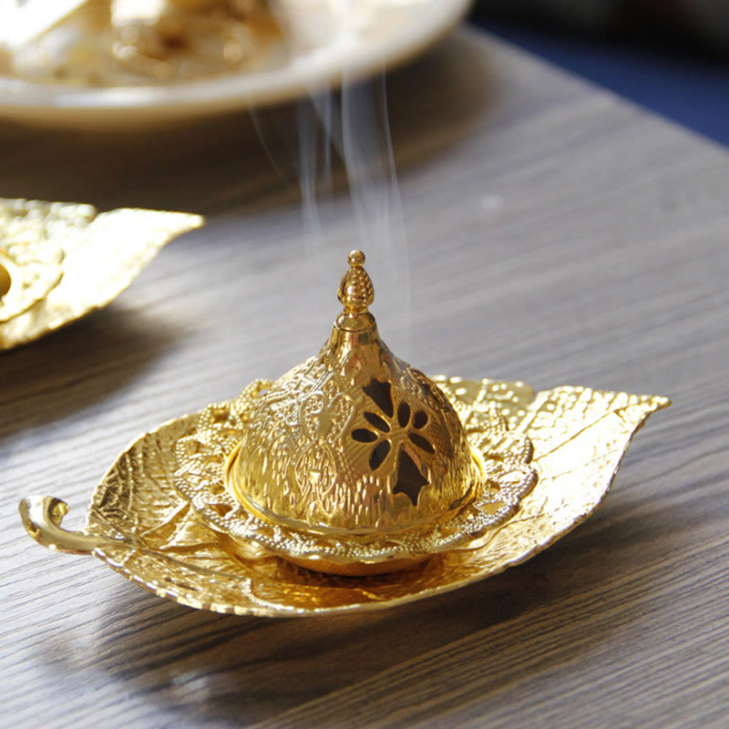 Brûleur d'encens de méditation en forme de mini-feuille d'or tibétain