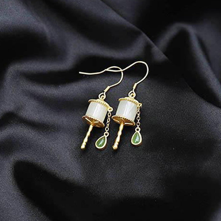 Boucles d'oreilles pendantes en argent sterling 925 et jade avec roue de prière et porte-bonheur Buddha Stones