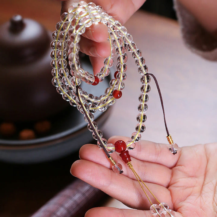 Bracelet de protection quadruple tour en argent sterling 925 avec 108 Buddha Stones Mala en agate blanche naturelle et agate rouge