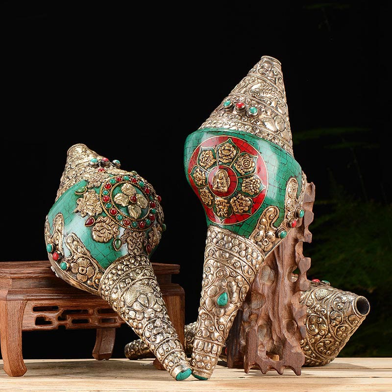 Coquille de Bouddha tibétain à double Dorje gravée à la main Shankha Décoration positive de richesse - image 1