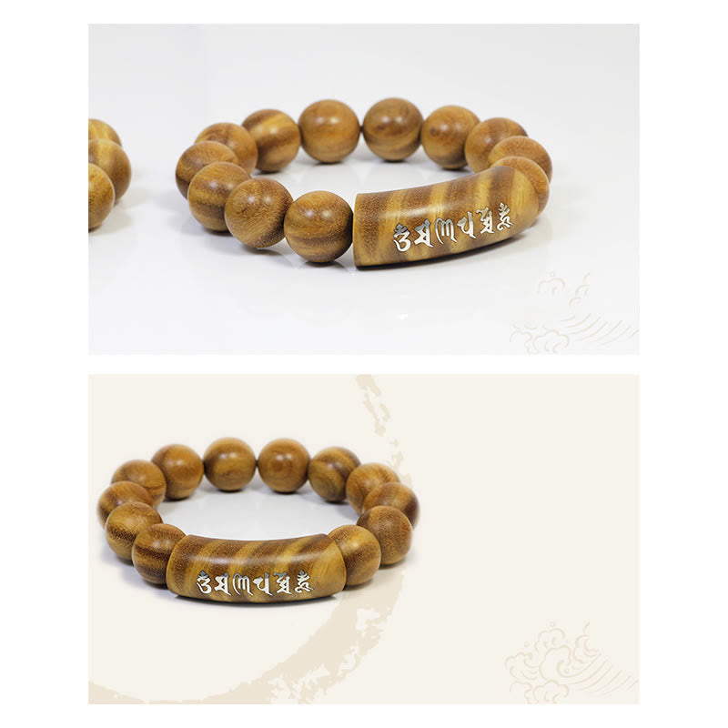 Bracelet de paix incrusté de Buddha Stones en argent sterling 999 et bois de santal vert Om Mani Padme Hum Dragon Phoenix Dharmachakra