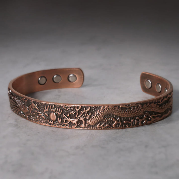 Bracelet manchette magnétique en cuivre massif avec Buddha Stones, dragon et phénix
