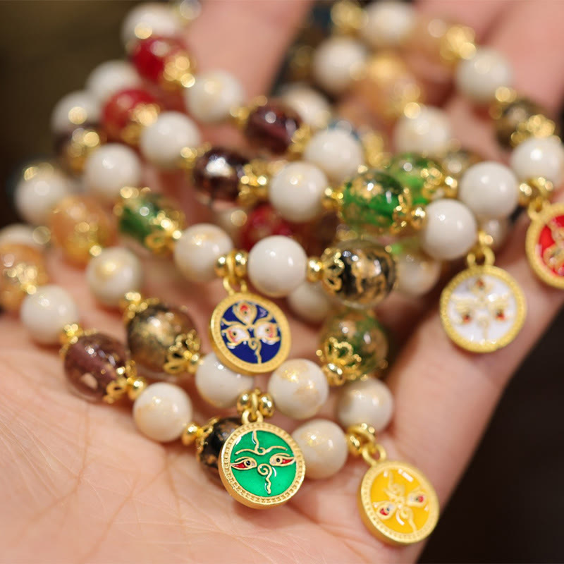 Buddha Stones Tibétain Cinq Dieux de la Richesse Fortune Liuli Perles de Verre Encens Cendres Perles de Porcelaine Bracelet à Breloques