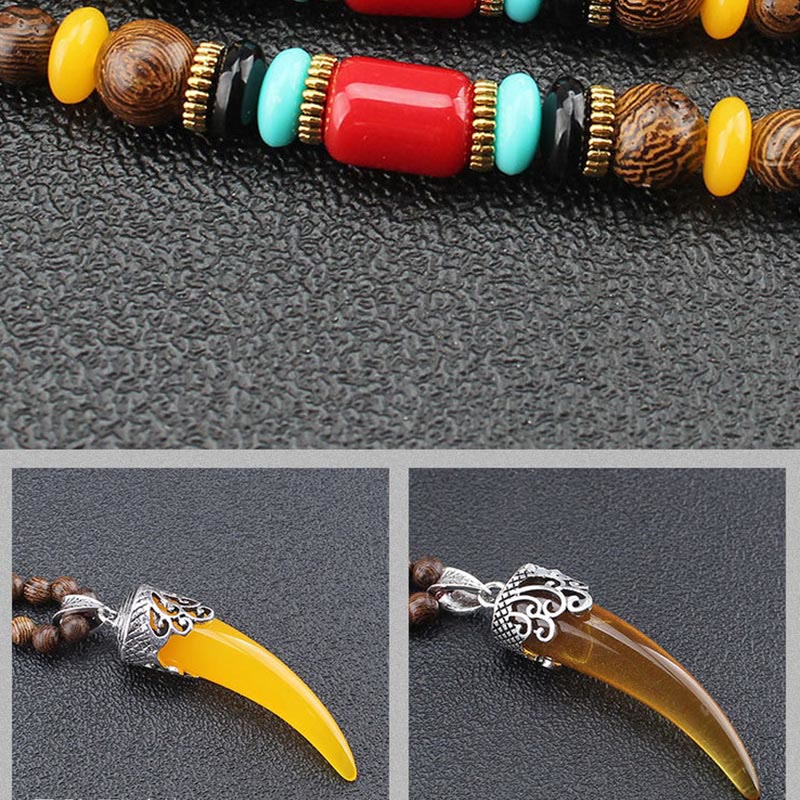 Collier pendentif de méditation en bois de wengé et pierre turquoise de style corne
