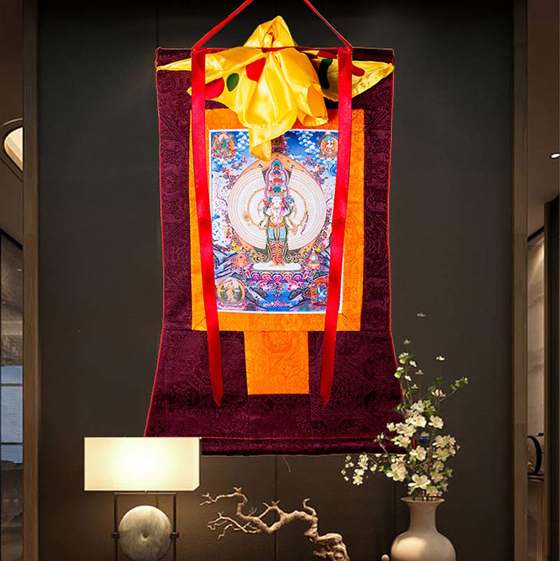 Décoration de bénédiction en forme de Thangka encadrée en Buddha Stones tibétaines à mille mains Avalokitesvara - image 1