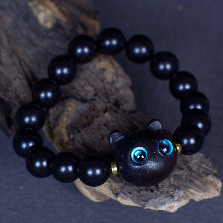 Bracelet Buddha Stones Bois d'ébène Verre Liuli Joli Chat Paix Équilibre - image 14
