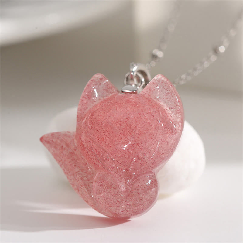 Collier pendentif de guérison en quartz fraise et renard en argent sterling 925 plaqué or 14 carats de Buddha Stones