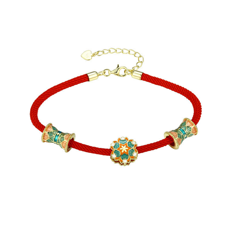 Bracelet en corde rouge en argent sterling 925 avec motif tambour de lotus de Buddha Stones Dunhuang