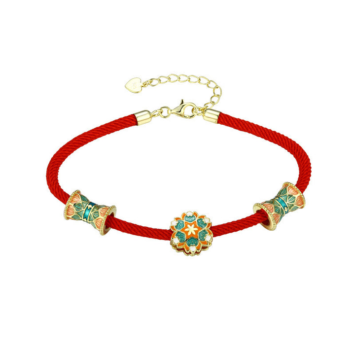Bracelet en corde rouge en argent sterling 925 avec motif tambour de lotus de Buddha Stones Dunhuang