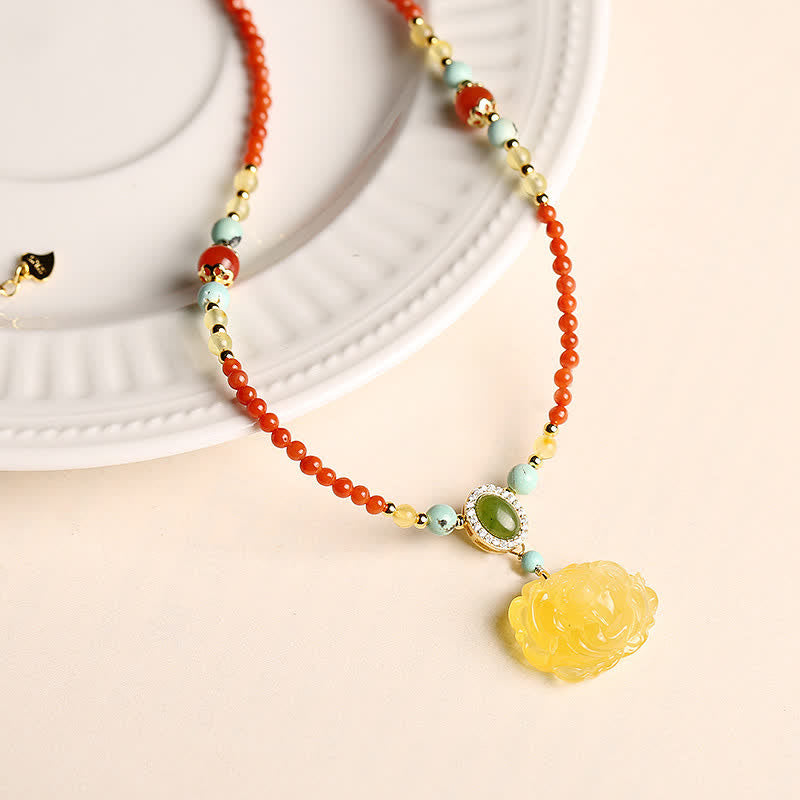 Collier pendentif en argent sterling 925 avec agate rouge naturelle et pivoine