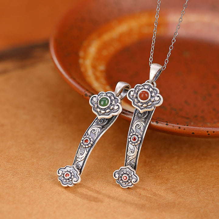 Collier pendentif en argent sterling 925 Buddha Stones, agate rouge, jade cyan, nuages de bon augure, poignée Ruyi, bénédiction
