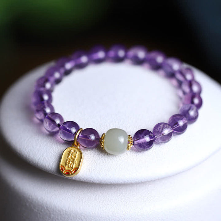 Bracelet de guérison en jade Hetian Buddha Stones et cristal d'améthyste naturel