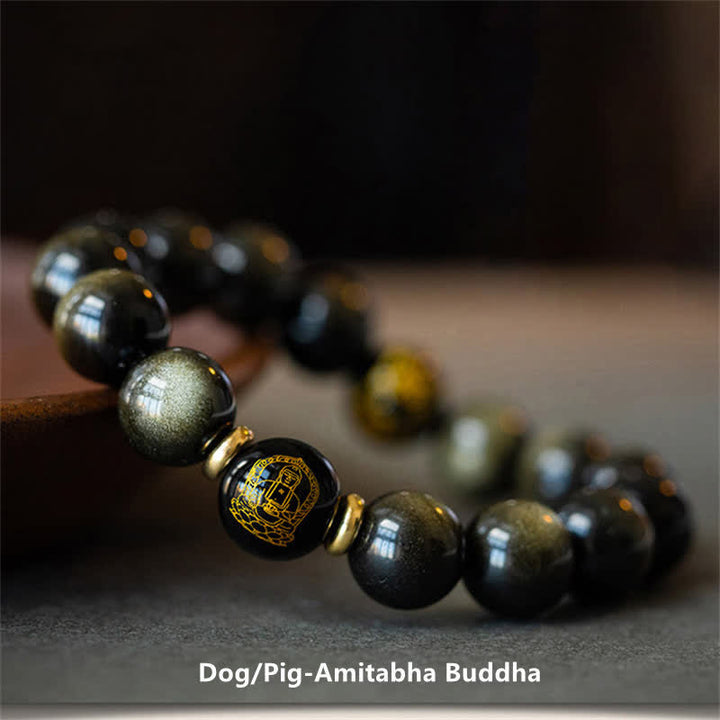 Bracelet de protection de richesse en obsidienne dorée avec Bouddha du zodiaque chinois