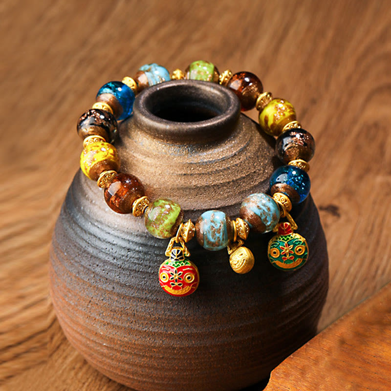 Bracelet porte-bonheur en perles de verre Liuli avec breloque de la famille des bêtes avaleuses en or et Buddha Stones - Multicolore (couleur aléatoire) - Famille de bêtes avaleuses d'or - 12 mm - image 20