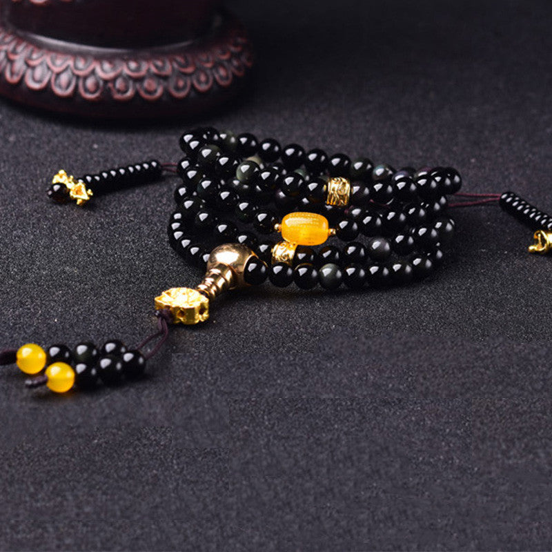 Bracelet Mala Lotus Accomplissement en Obsidienne Noire Naturelle 108 Perles Buddha Stones
