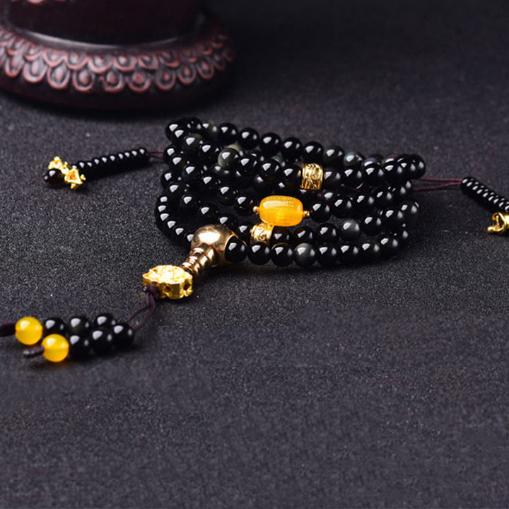 Bracelet Mala Lotus Accomplissement en Obsidienne Noire Naturelle 108 Perles Buddha Stones