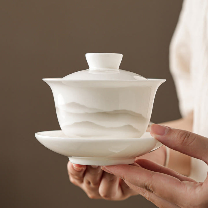 Buddha Stones Peinture à l'encre vintage Montagne Porcelaine blanche Céramique Gaiwan Sancai Tasse à thé Kung Fu Tasse à thé et soucoupe avec couvercle Ustensile à thé Théière