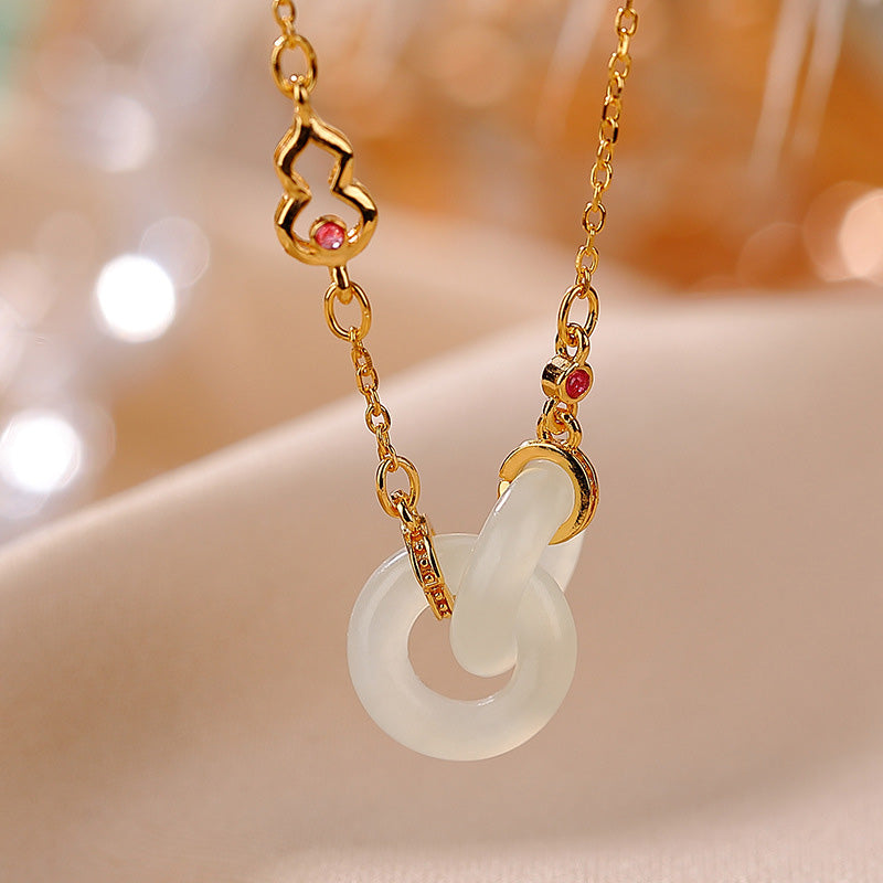 Collier pendentif en argent sterling 925 Buddha Stones et jade rond pour la chance et la prospérité - Jade blanc - Or - image 0