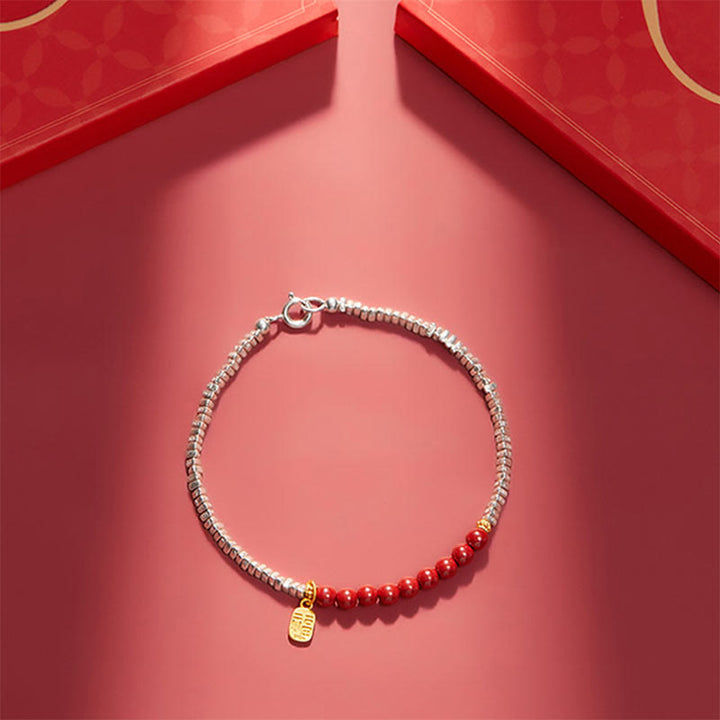 Bracelet de bénédiction du personnage Fu en argent sterling 925 et cinabre de Buddha Stones