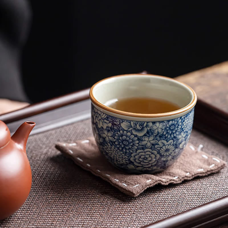 Tasse à thé en céramique motif Buddha Stones Lotus bleu Fleur de pêcher Chrysanthème Tasses à thé Kung Fu