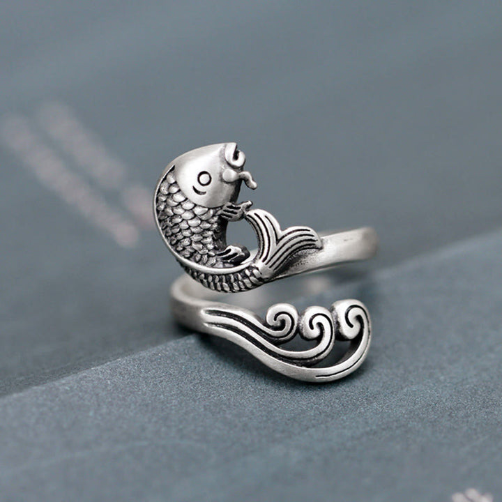 Bague en argent sterling 925 Buddha Stones et poisson koï